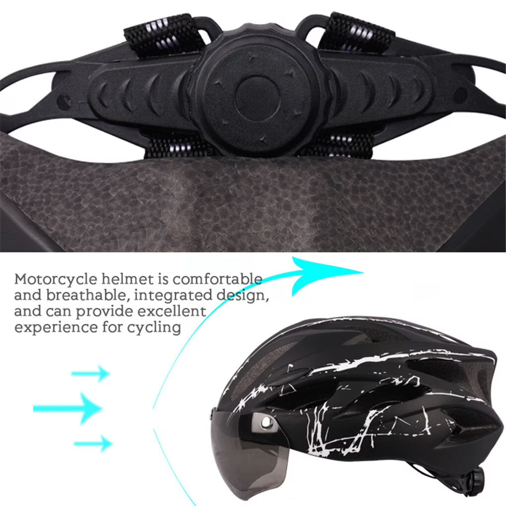 Adult Cycling Helmet with LED Light & Visor Black White