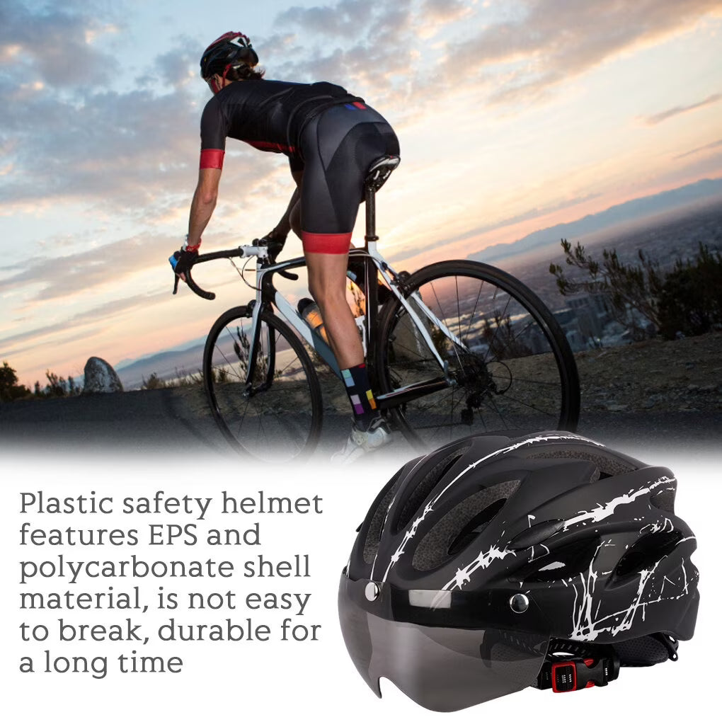 Adult Cycling Helmet with LED Light & Visor Black White