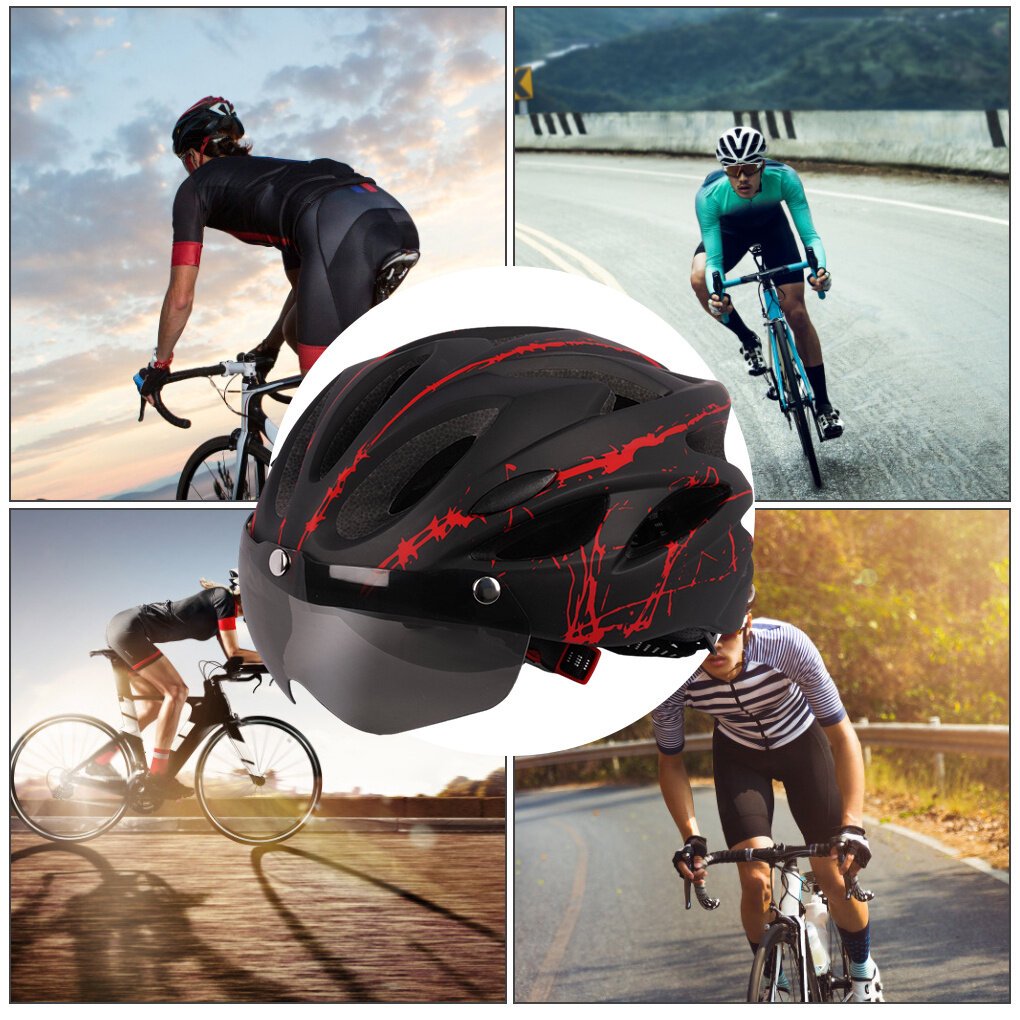 Adult Cycling Helmet with LED Light & Visor Black Red