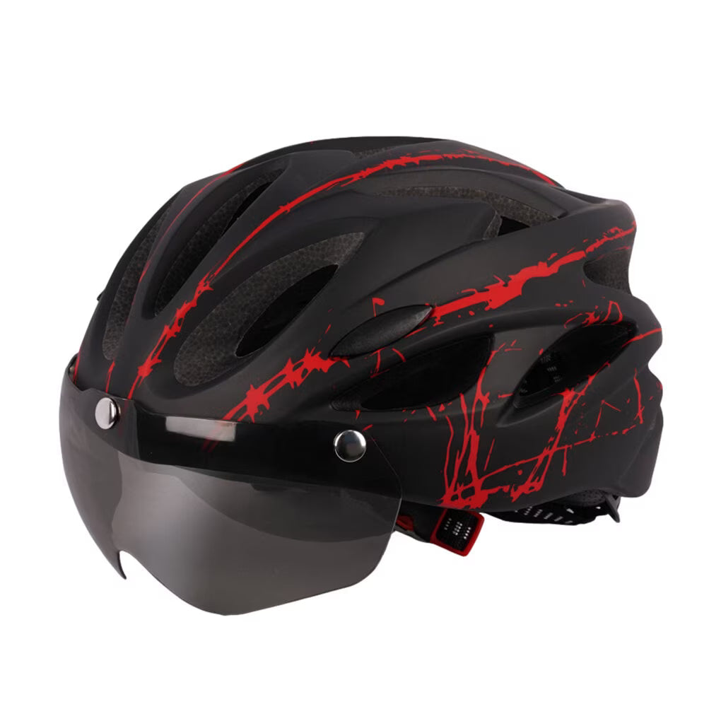 Adult Cycling Helmet with LED Light & Visor Black Red