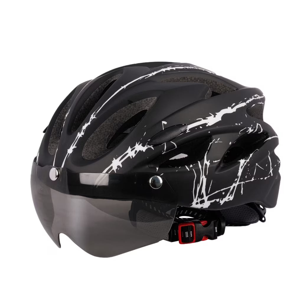 Adult Cycling Helmet with LED Light & Visor Black White