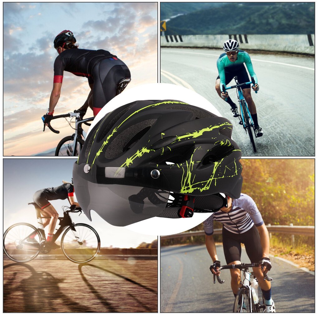 Adult Cycling Helmet with LED Light & Visor Black Green
