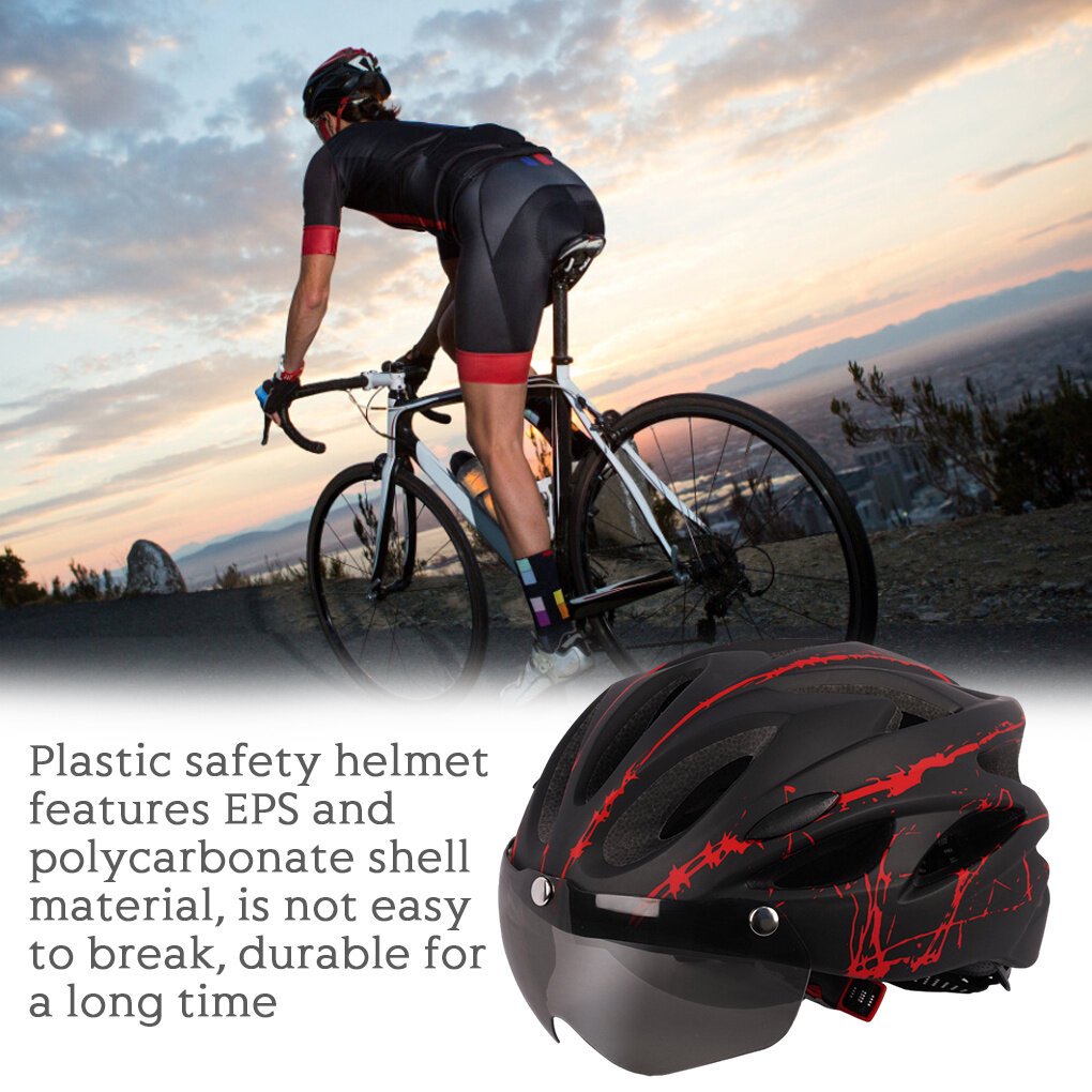 Adult Cycling Helmet with LED Light & Visor Black Red