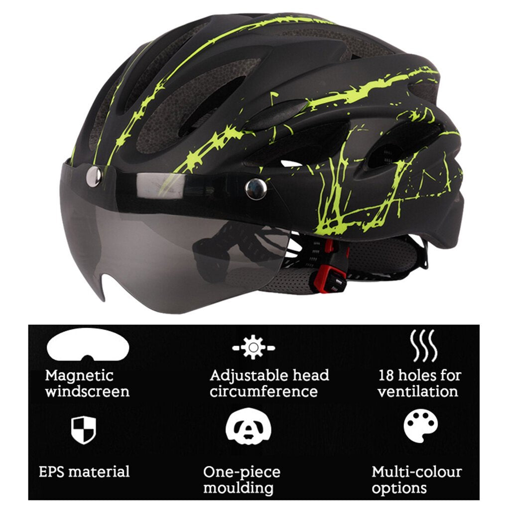 Adult Cycling Helmet with LED Light & Visor Black Green