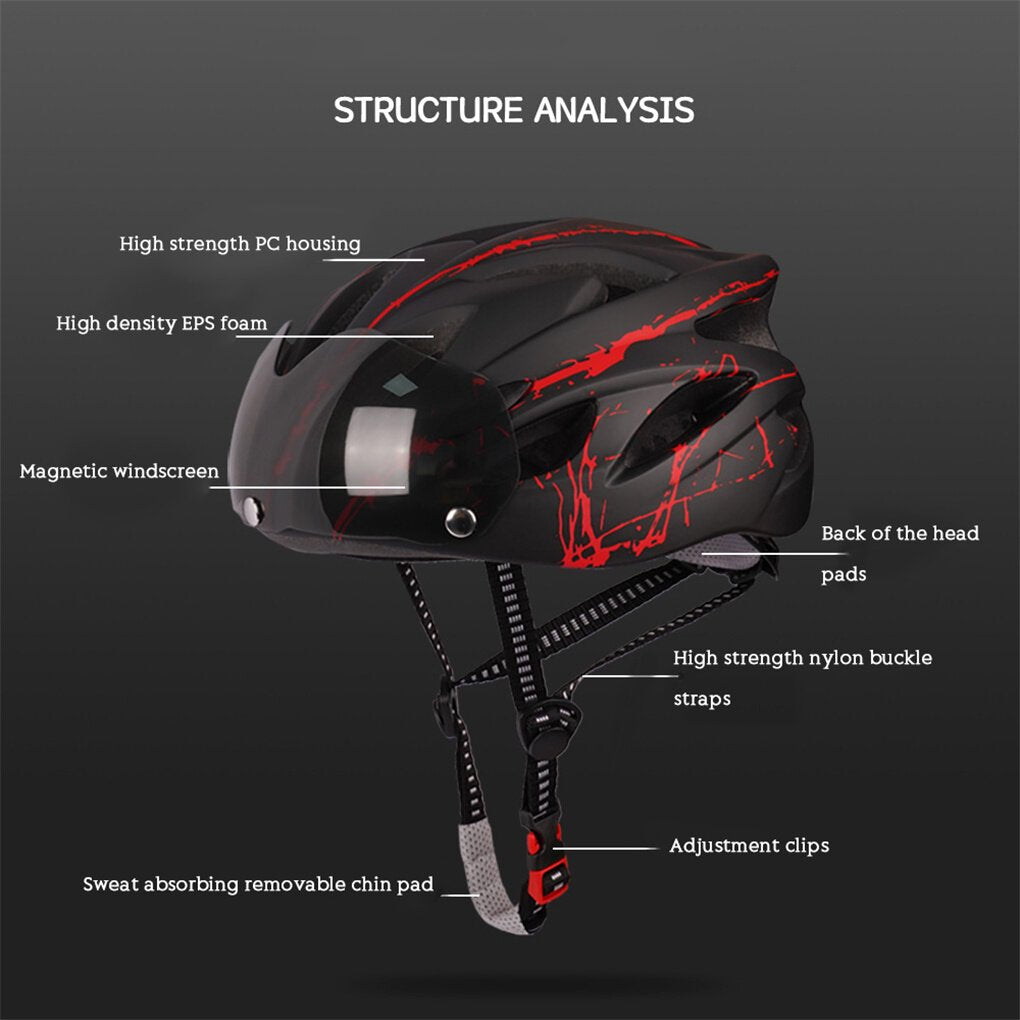 Adult Cycling Helmet with LED Light & Visor Black Red